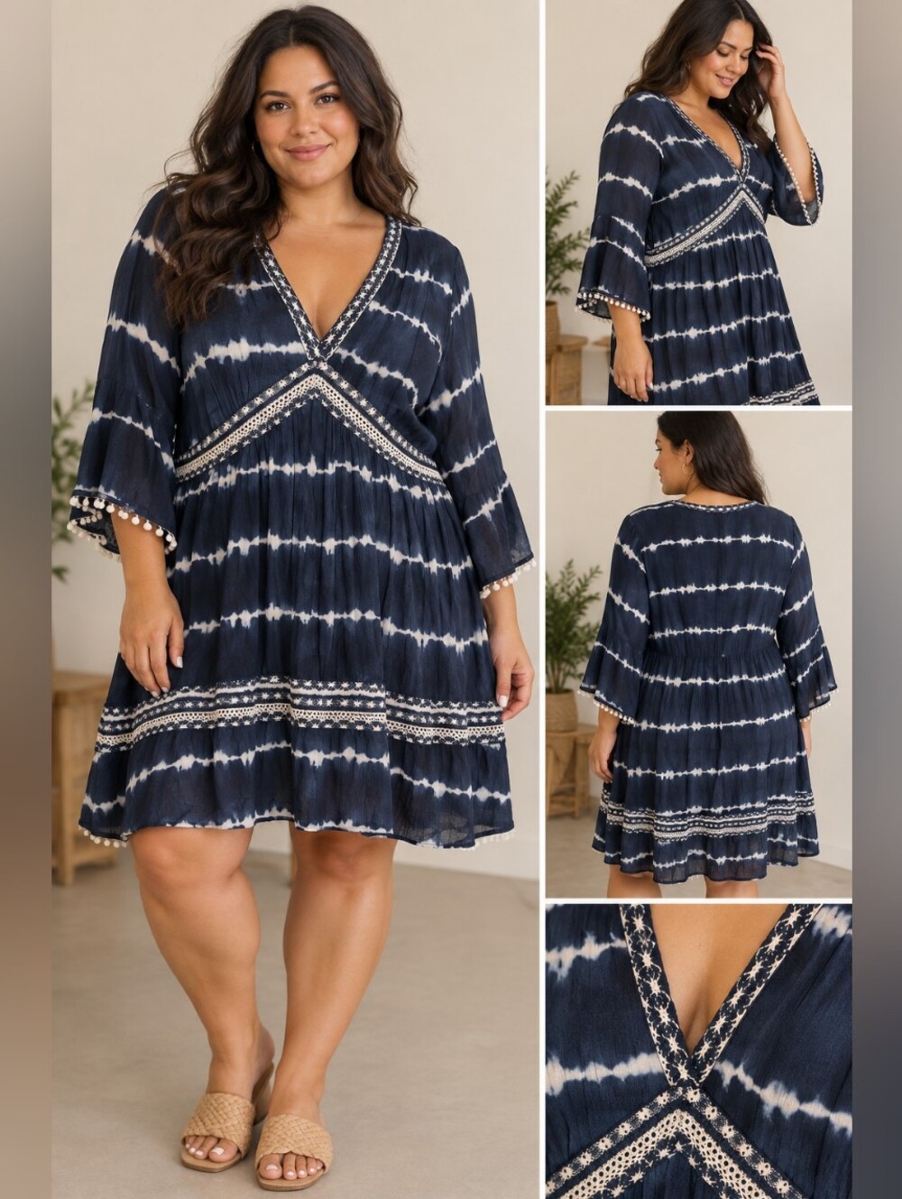 INC International Concepts Navy Tie-Dye V-Neck Mini Dress